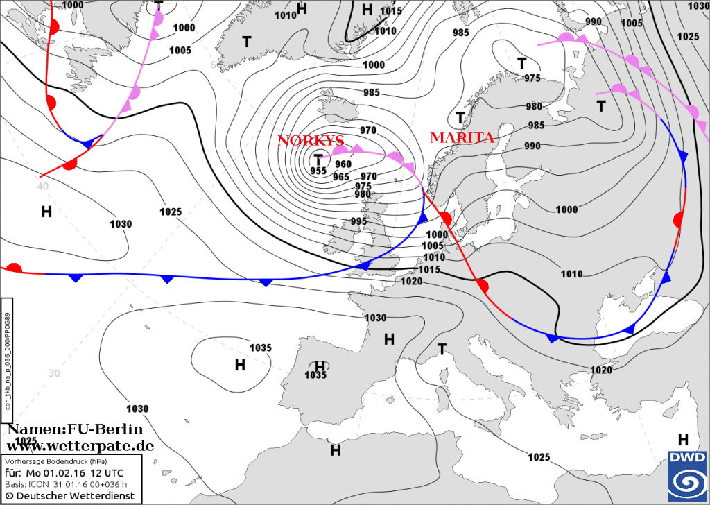 The pressure forecast. Note how close the isobars of storm NORYKS are, and hence how steep the pressure gradient is (causing high wind speeds).